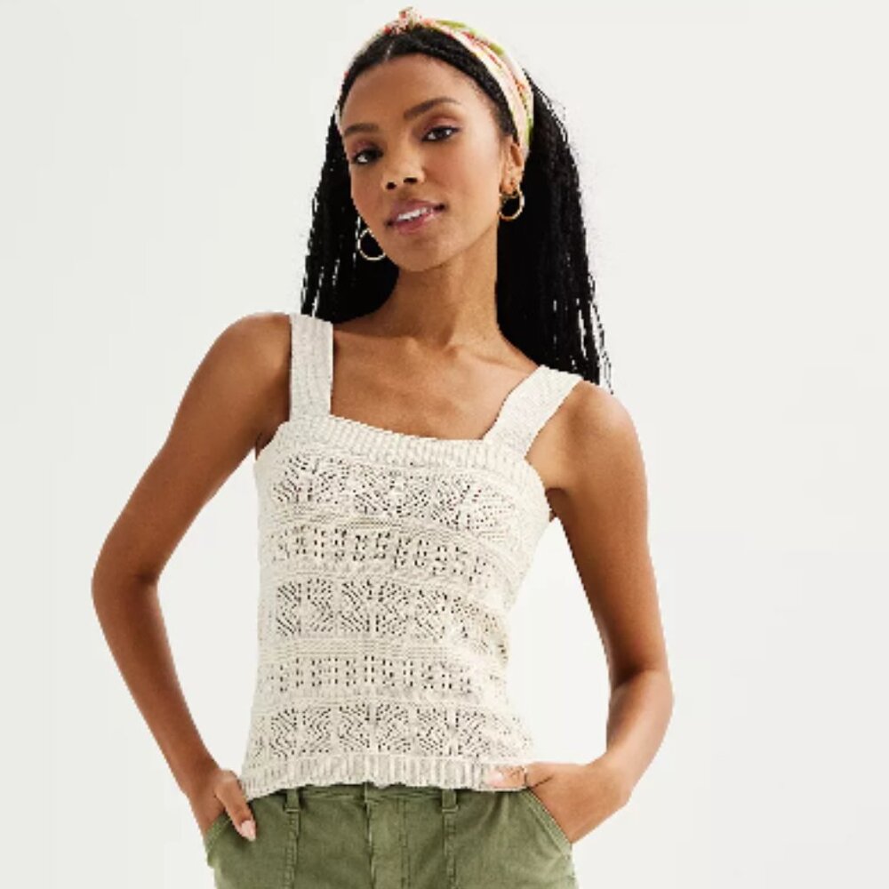 SO® Juniors Pointelle Crochet Tank Top – Size M, Boho Sleeveless Knit